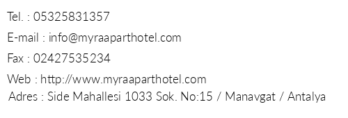 Myra Apart Hotel telefon numaralar, faks, e-mail, posta adresi ve iletiim bilgileri